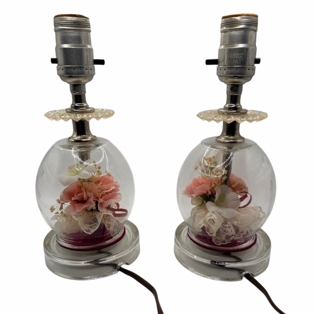 Handmade Vintage Lamps with Pink and White Flowers - Set of 2